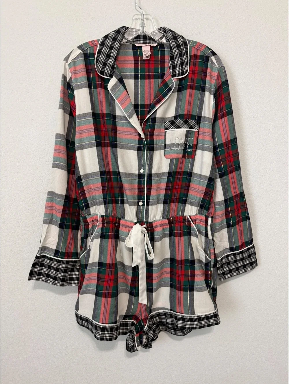 Victoria’s Secret Long Sleeve Button Up Plaid Flannel Sleep Romper Size L
